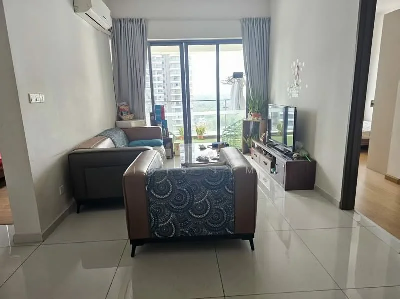 Living features: 3-seater fabric sofa in grey, 2-seater sofa with patterned upholstery, coffee table, TV console, wall-mounted TV, floor-to-ceiling windows, curtains, marble tile flooring, air conditioning unit, decorative plants, area rug; style: modern; view: city. Room features: wooden flooring, doorway leading to another room.