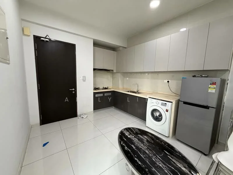 Kitchen features: grey flat-panel cabinets, white countertop, stainless-steel sink, chrome pull-down faucet, built-in gas stove, built-in oven, freestanding refrigerator, front-load washing machine, ceramic tile flooring, white painted walls, recessed downlights, wall-mounted cabinet, open shelving; style: modern.