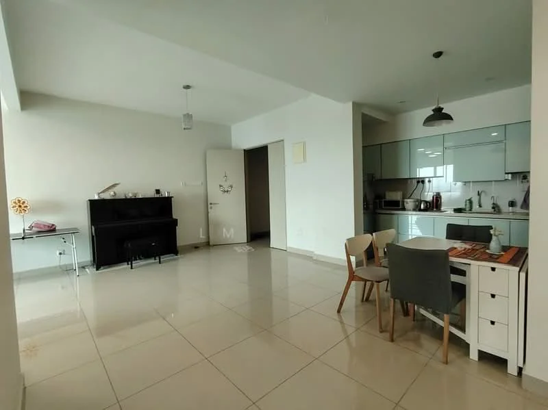 Living features: white painted walls, tile flooring, recessed downlights, pendant light, floor-to-ceiling windows, black piano, dining table with 4 chairs, kitchen cabinetry, microwave, built-in oven, stainless-steel sink, kitchen countertop, kitchen appliances; style: modern.