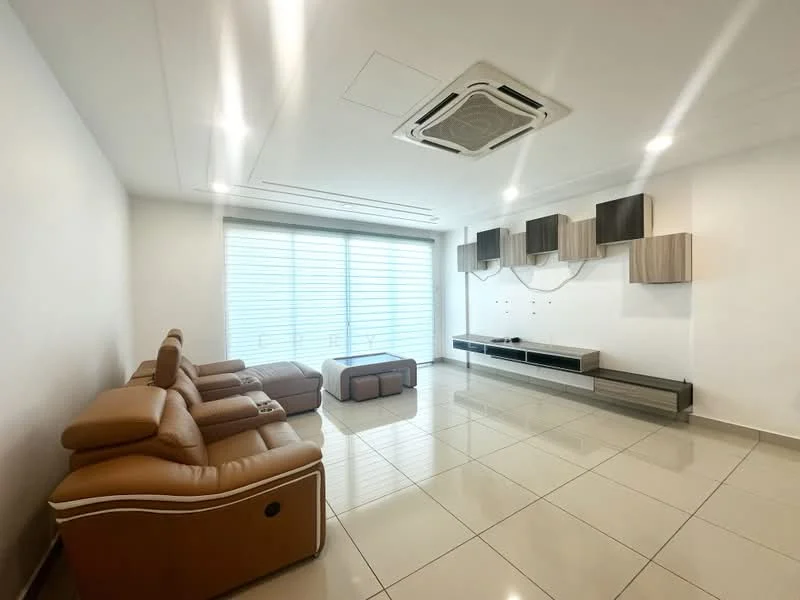 Living features: 3-seater leather sofa in brown, coffee table, wall-mounted TV console, floating shelves, large windows with blinds, recessed LED downlights, split air conditioning unit, glossy tile flooring, white painted walls; style: modern; view: city.