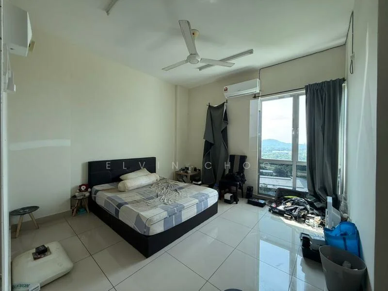 Bedroom features: king-size bed with checkered bedding, 2 bedside tables, floor-to-ceiling window, curtains, wall-mounted split AC, ceiling fan, white painted walls, glossy tile flooring, decorative wall art, cluttered floor with personal items; style: modern; view: mountain.