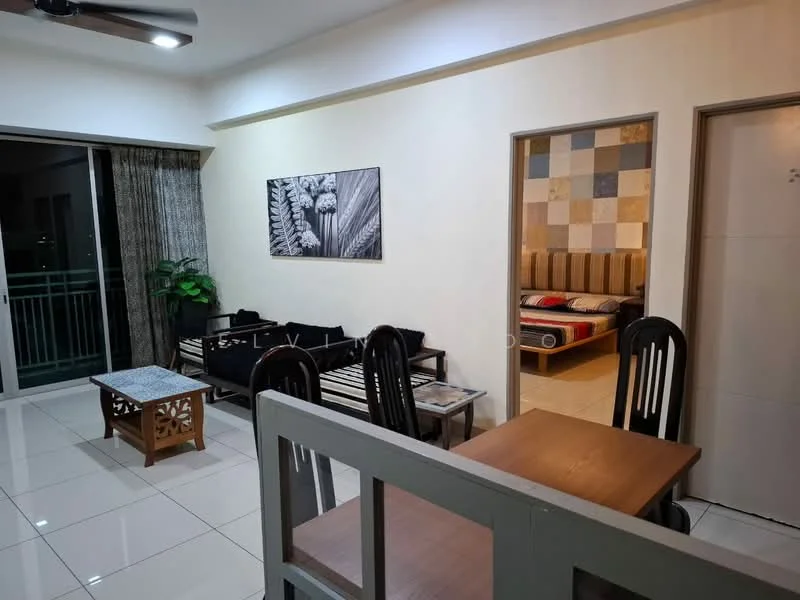 Living features: white painted walls, glossy tile flooring, 5-blade ceiling fan, sofa with black cushions, wooden coffee table, dining table with wooden surface, black dining chairs, potted plant, floor-to-ceiling windows with sheer curtains, decorative artwork on wall; style: modern; view: city. Bedroom features: wooden bed frame, striped bedding, decorative wall panels, nightstand, table lamp; style: modern.