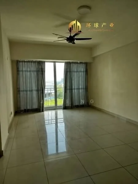 Living features: large sliding glass door, floor-to-ceiling windows, sheer curtains, 5-blade ceiling fan, white painted walls, polished ceramic tile flooring, recessed downlights, balcony view, open layout; style: modern; view: city.