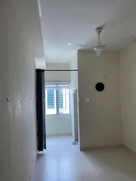 Room features: white painted walls, tile flooring, ceiling fan, window with curtain, light fixture, doorway leading to another room, wall-mounted clock, neutral color scheme.