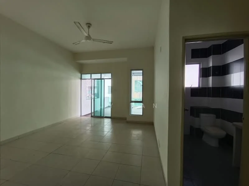 Living features: white painted walls, tiled flooring, 5-blade ceiling fan, floor-to-ceiling windows, sliding glass door, natural light from windows, open layout, neutral color scheme. Bathroom features: one-piece toilet, sink, tile cladding, neutral color scheme.