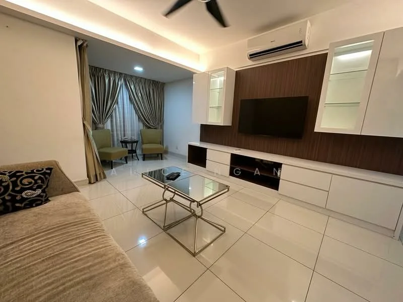 Living features: cream painted walls, white ceiling, recessed downlights, 5-blade ceiling fan, large wall-mounted TV, white TV console with storage, wood accent wall, glass coffee table, beige fabric sofa with decorative cushions, curtains with a neutral tone, tile flooring, two armchairs, small dining table set in the background; style: modern.