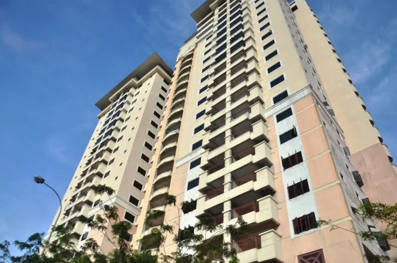 Exterior type: high-rise condominium; features: glass curtain wall, cream painted facade, recessed balconies, approximately 20-storey high-rise, concrete structure, visible windows, urban context with surrounding trees; style: modern.