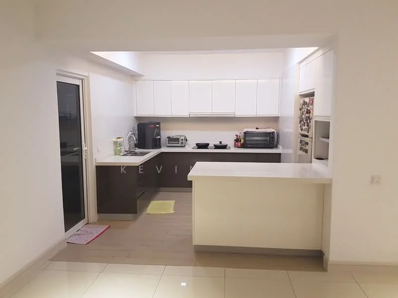 Kitchen features: white shaker cabinets, grey lower cabinets, white countertop, single-bowl stainless-steel sink, chrome pull-down faucet, built-in microwave, freestanding range oven, toaster, kettle, tile flooring, recessed downlights, sliding glass door, open layout; style: modern.