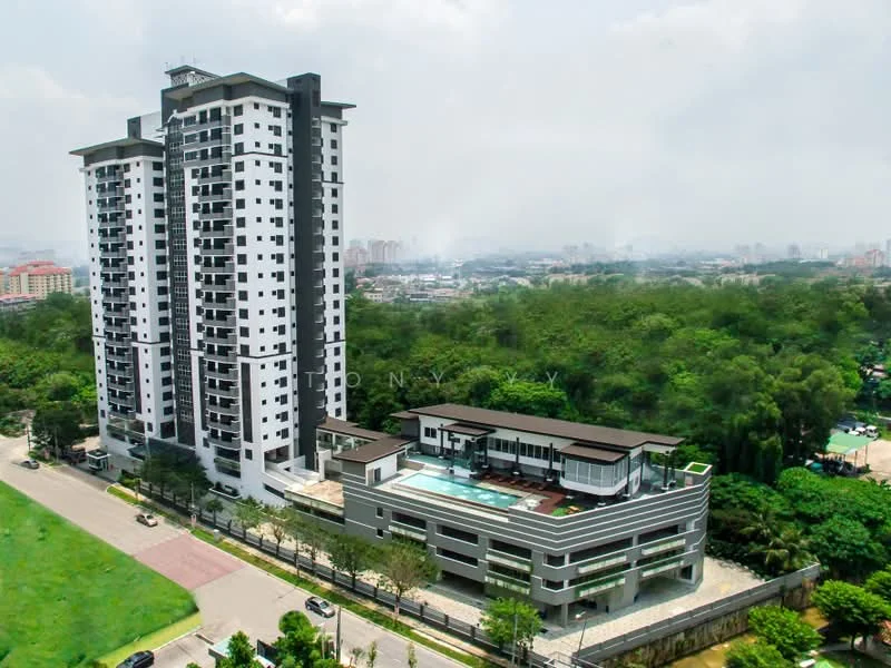 Exterior type: high-rise condominium; features: glass curtain wall, white painted facade, recessed balconies, infinity pool, pool deck with loungers, surrounded by mature greenery, manicured lawn, multi-storey car park, double-volume main lobby, feature water wall; style: modern.