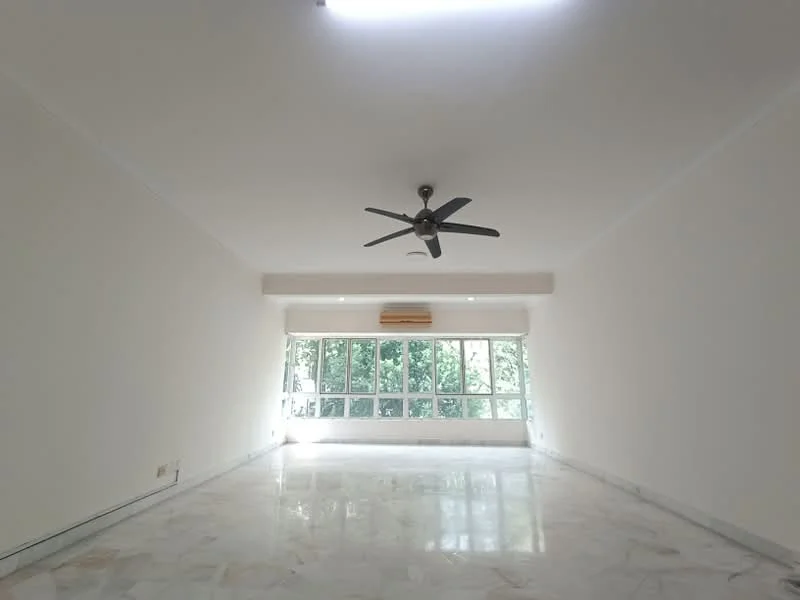 Living features: marble flooring, white painted walls, 5-blade ceiling fan with light, floor-to-ceiling windows, natural light from windows, air conditioning unit, no visible furniture, neutral color scheme; style: modern; view: garden.