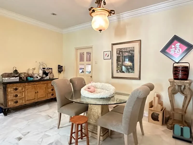 Dining features: round glass dining table, 4 upholstered dining chairs in beige, wooden stool, cream painted walls, marble flooring, decorative wall art, framed artwork, wooden sideboard, decorative vase, ceiling light fixture with glass shade; style: traditional.
