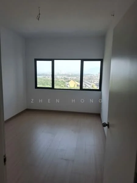 Room features: white painted walls, laminate flooring, floor-to-ceiling windows, city view, single door, no visible ceiling fixtures; view: city.