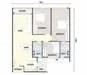 Floor plan: 2-bedroom 1-bathroom unit; features: open-plan kitchen-dining-living, master bedroom with window, bedroom 2 with window, shared bathroom, utility room, central foyer, 1 car porch.