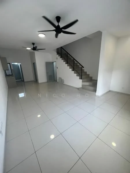 Living features: white painted walls, glossy ceramic tile flooring, 5-blade ceiling fan with light, recessed downlights, staircase with metal railing, large windows for natural light, open layout, neutral color scheme; style: modern. Room features: white painted walls, glossy ceramic tile flooring, 5-blade ceiling fan with light, recessed downlights, large windows for natural light, open layout, neutral color scheme.