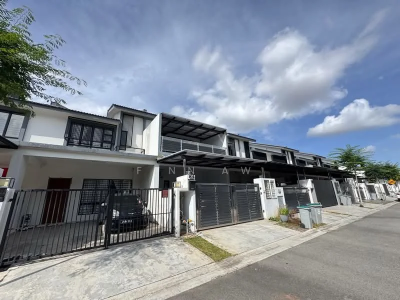 Exterior type: linked terrace house; features: two-storey building, white painted facade, black metal grille gate, car porch with interlocking pavers, flat roof, balconies on upper floor, manicured landscaping, driveway, visible street view, surrounded by greenery; style: modern.