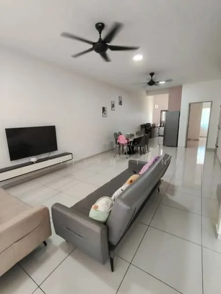Living features: grey leather sofa, 3-seater sofa, light-colored wall, white tiled flooring, ceiling fan with light, wall-mounted TV, coffee table, dining table with chairs, open layout, recessed lighting, kitchen area visible in background; style: modern.