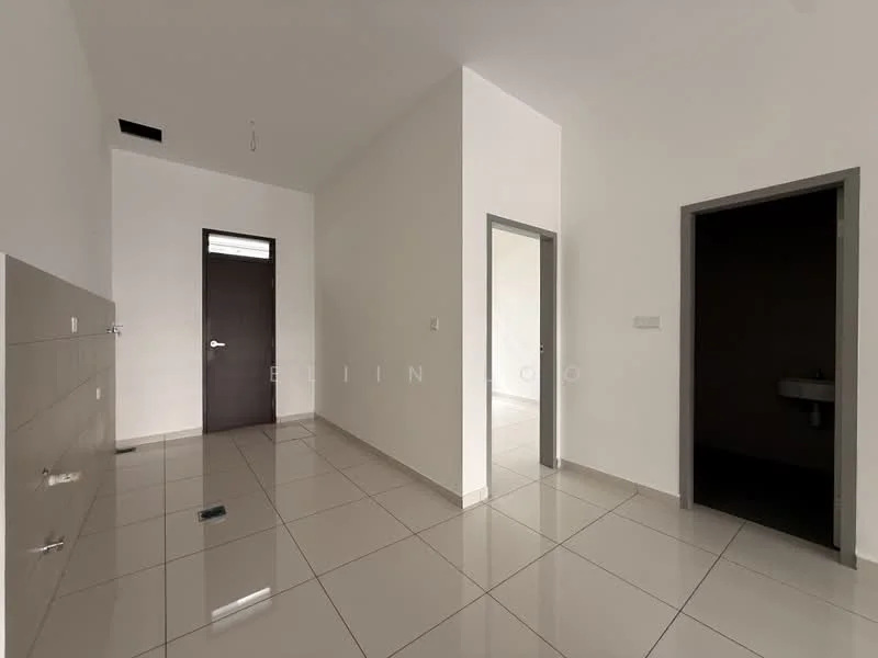 Room features: white painted walls, grey tiled flooring, single door, door frame in dark color, window with no visible treatment, corner sink, light fixture on ceiling, neutral color scheme; style: modern.