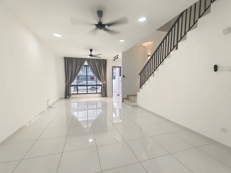 Living features: white painted walls, glossy ceramic tile flooring, 5-blade ceiling fan with light, recessed downlights, large window with sheer curtains, sliding glass door, staircase with metal railing, neutral color scheme, open layout, natural light from window, doorway leading to exterior; style: modern; view: street.
