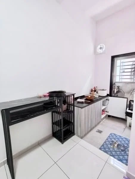 Kitchen features: white painted walls, glossy tile flooring, black countertop, grey cabinetry, open shelving, kitchen sink, stainless-steel appliances, window with metal grille, exhaust fan, blue patterned mat; style: modern.