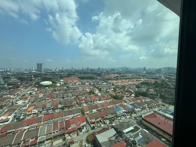 Exterior type: high-rise condominium; features: city skyline view, surrounded by residential areas, varied roof types, urban landscape, visible high-rise buildings in the distance, open sky with clouds; style: modern.