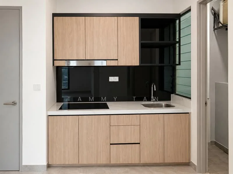 Kitchen features: laminate cabinetry in light wood finish, black glass backsplash, white quartz countertop, built-in induction cooktop, single-bowl stainless-steel sink, chrome pull-down faucet, open shelving above countertop, under-cabinet lighting, floor-to-ceiling window for natural light; style: modern.