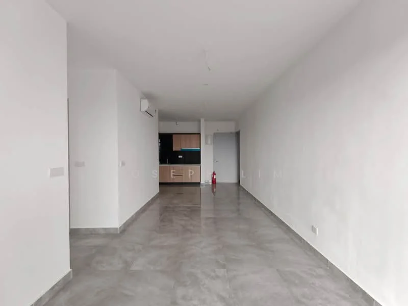 Room features: white painted walls, grey tile flooring, 1 wall-mounted split AC, open kitchen area visible, door leading to another room, fire extinguisher on wall, recessed ceiling lights; style: modern.