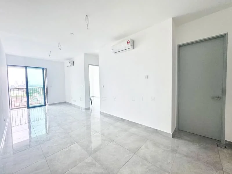 Room features: grey polished tile flooring, white painted walls, 2 wall-mounted split AC units, floor-to-ceiling windows, glass sliding door, balcony access, recessed downlights, plain ceiling; style: modern; view: city.