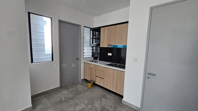Kitchen features: wood cabinetry, black countertop, stainless-steel sink, single-bowl sink, built-in stove, wall-mounted cabinets, grey tiled flooring, window with view, kitchen island, modern faucet; style: modern.