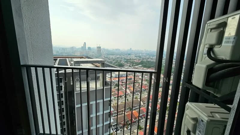 Room features: balcony with railing, city skyline view, two wall-mounted air conditioning units, concrete flooring, grey painted walls; style: modern; view: city.