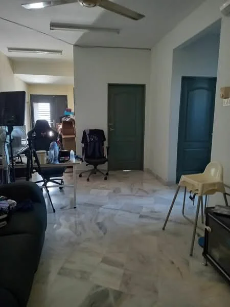 Room features: marble flooring, white painted walls, ceiling fan, two doors, one window, office chairs, dining chair, black sofa, television stand; style: modern.