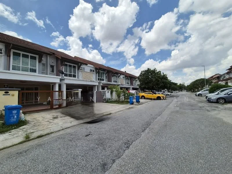 Exterior type: linked terrace house; features: two-storey linked terrace houses, red tiled roof, white painted facade, front porch area, visible parking spaces, manicured landscaping, street view with cars, blue recycling bins, yellow taxi, cloudy sky; style: modern.