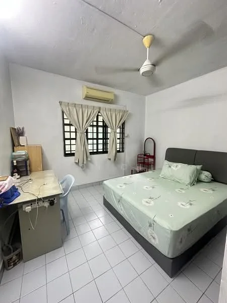 Bedroom features: queen-size bed with light green bedding, study desk with chair, white painted walls, ceiling fan, window with sheer curtains, tile flooring, air conditioning unit, built-in wardrobe, decorative wall clock; style: minimalist.