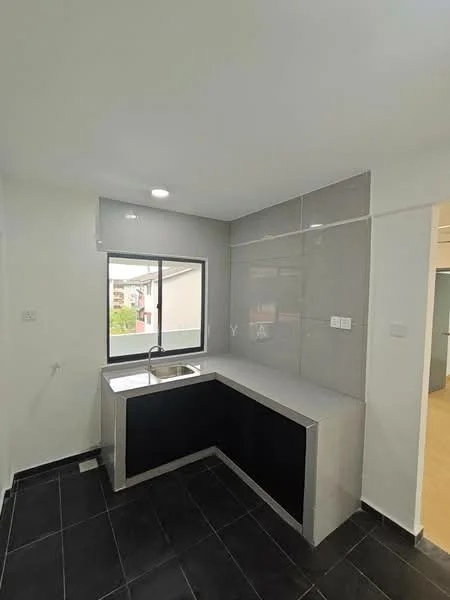 Kitchen features: single-bowl stainless-steel sink, chrome pull-down faucet, grey laminate countertop, black cabinetry, grey tiled backsplash, black tile flooring, recessed downlights, window with view of exterior, wall-mounted electrical outlets, open layout; style: modern; view: garden.