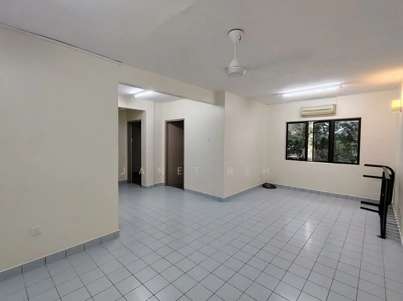 Room features: white painted walls, grey tiled flooring, ceiling fan, window with view of trees, air conditioning unit, two doorways leading to other rooms, light fixture on wall, open layout; view: garden.