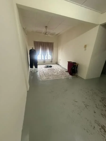 Room features: light grey painted walls, plain ceiling, ceiling fan, vinyl flooring, window with sheer curtains, area rug, mannequin, clothing rack, small side table; style: minimalist.