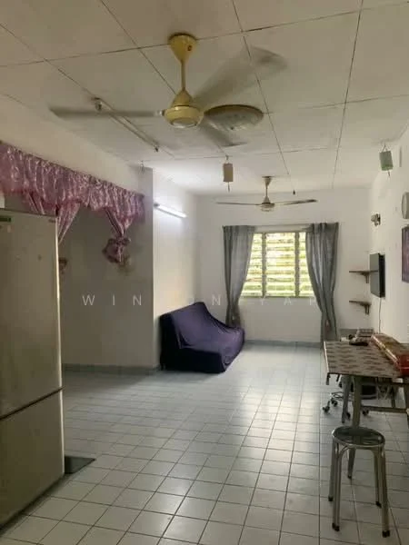 Living features: white painted walls, ceiling with recessed lights, tiled flooring, 3-blade ceiling fan, sofa in dark blue fabric, window with sheer curtains, dining table with stools, refrigerator, wall-mounted TV, decorative wall panel.