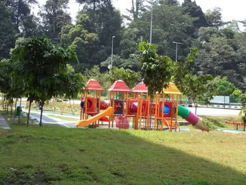 Exterior type: landscape garden; features: children's playground, colorful play structures, slide, tunnel, manicured lawn, surrounding trees, paved walkway, open green space; style: modern.