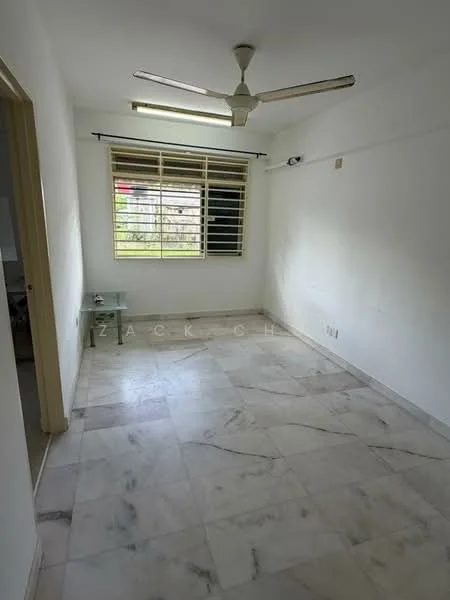 Room features: white painted walls, marble flooring, ceiling fan, large window with horizontal blinds, glass-top side table; style: minimalist; view: garden.