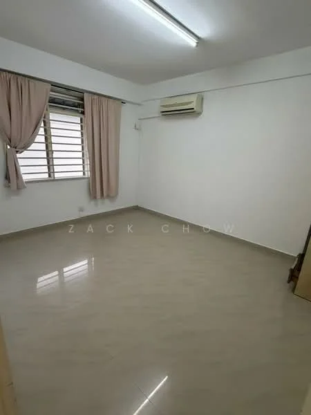 Room features: white painted walls, cream tiled flooring, 1 wall-mounted split AC, curtains in light pink, ceiling lights, window with horizontal slats, empty space, no visible furniture; style: minimalist.