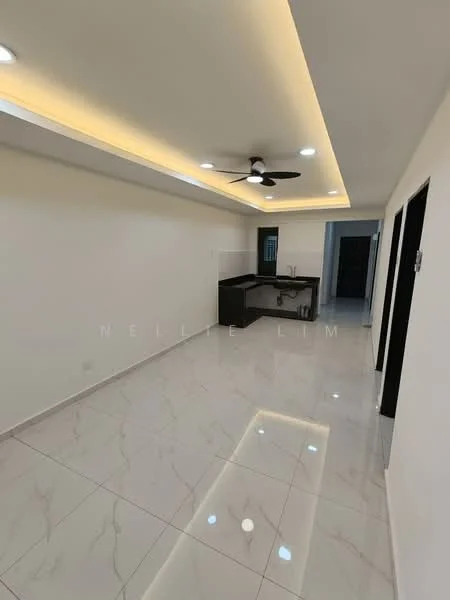 Living features: white painted walls, marble tile flooring, tray ceiling with recessed lighting, 5-blade ceiling fan, kitchenette with dark cabinetry, stainless-steel sink, countertop with overhang, open layout, LED strip lighting, floor-to-ceiling windows, neutral color palette; style: modern.
