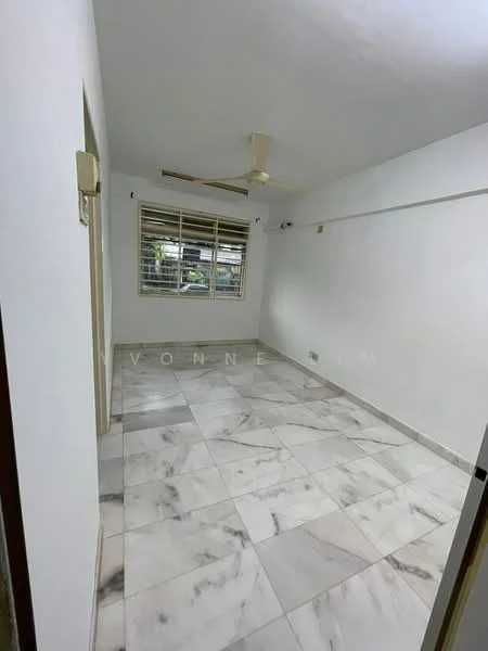 Room features: white painted walls, marble tile flooring, ceiling fan, window with grid design, natural light from window.