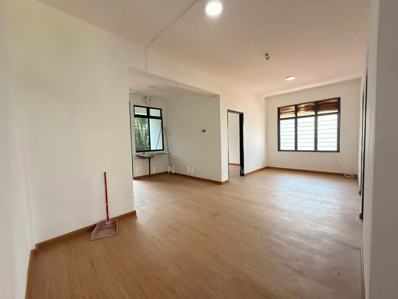 Room features: white painted walls, laminate flooring, large windows, natural light, ceiling lights, open layout, corner space, window treatments, clean lines; style: modern; view: garden.