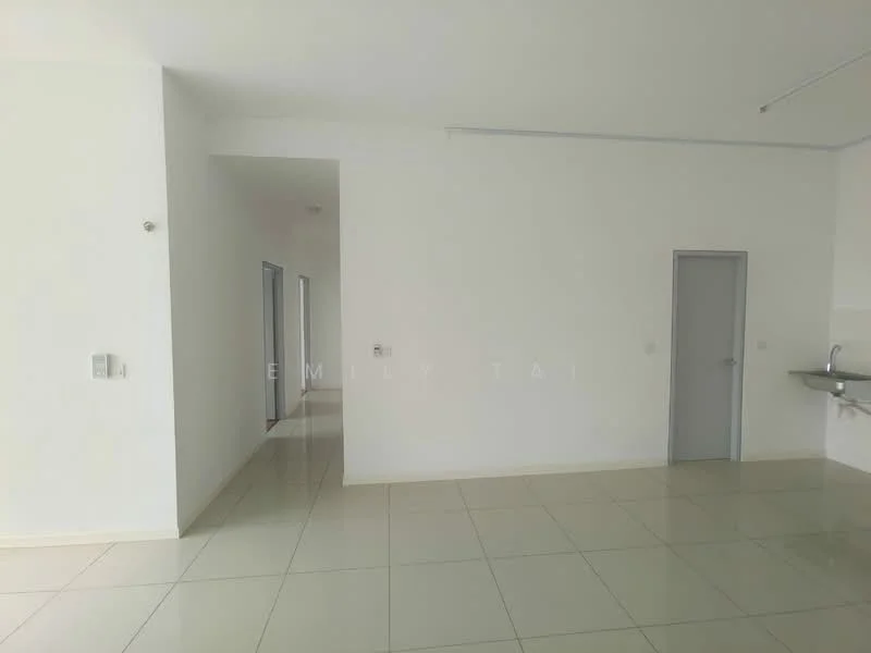 Room features: white painted walls, glossy tile flooring, single door, wall-mounted electrical outlets, kitchen sink, neutral color scheme, open layout, natural light from windows; style: modern.