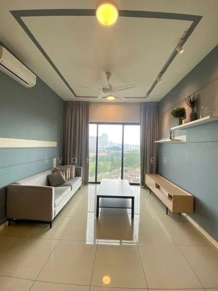 Living features: grey painted walls, tray ceiling with recessed lighting, 5-blade ceiling fan with light, floor-to-ceiling windows, curtains, cream tiled flooring, light wood TV console, light wood coffee table, sofa in light grey fabric, decorative plants on shelves; style: modern; view: city.