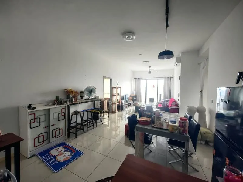 Living features: white painted walls, glossy tile flooring, ceiling-mounted light fixture, 5-blade ceiling fan, floor-to-ceiling windows, sliding glass door, curtains, sofa in red, coffee table, TV console, decorative items on shelves, bar stools, dining table with chairs, open layout, area rug; style: modern.