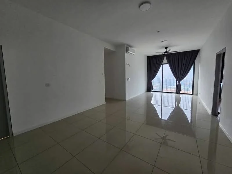 Living features: white painted walls, glossy ceramic tile flooring, 5-blade ceiling fan, wall-mounted split AC, floor-to-ceiling windows, blackout curtains, recessed downlights, sliding glass door, city view; style: modern; view: city.