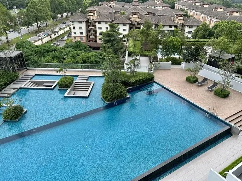 Exterior type: swimming pool deck; features: infinity pool, lap pool, pool deck with loungers, landscaped garden, manicured greenery, surrounding residential buildings, paved walkway, outdoor seating area; style: modern.