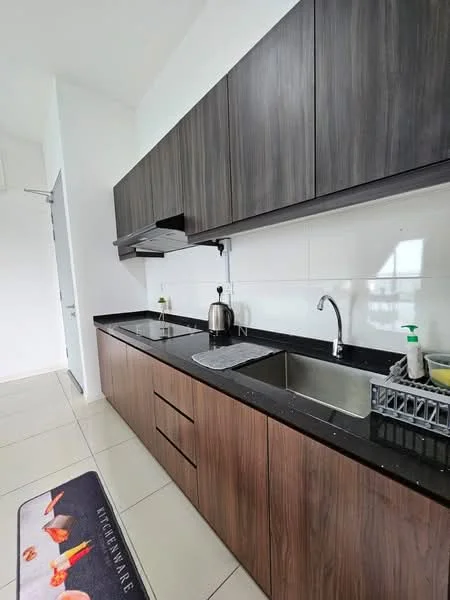 Kitchen features: dark wood cabinetry, black granite countertop, double-bowl stainless-steel sink, chrome pull-down faucet, built-in range hood, white tiled backsplash, ceramic tile flooring, kitchen mat with text, kitchenware storage rack; style: modern.