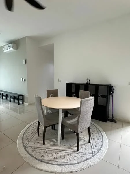 Dining features: round dining table, 4 upholstered dining chairs, area rug with geometric pattern, wall-mounted split AC, grey painted walls, large floor tiles, black storage cabinet, decorative items on cabinet; style: modern.