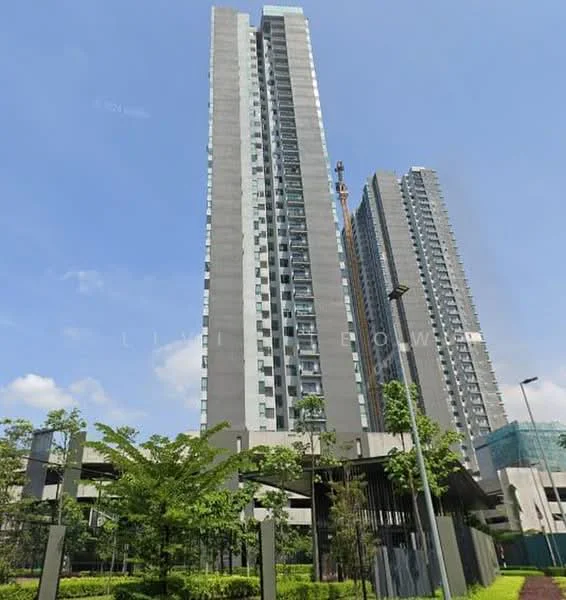 Exterior type: high-rise condominium; features: glass curtain wall, grey painted facade, approximately 30-storey high-rise, manicured lawn, mature trees, surrounded by greenery, outdoor lighting, balconies on upper floors; style: modern.